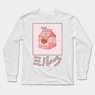 Cute Retro 90s Japanese Kawaii Strawberry Milk Shake Carton Long Sleeve T-Shirt